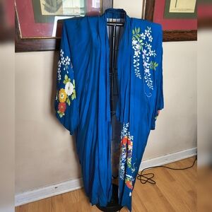 Vintage Japanese long blue hand printed floral kimono